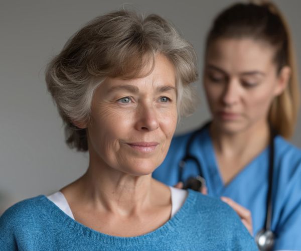 Patient with nurse during examination.
